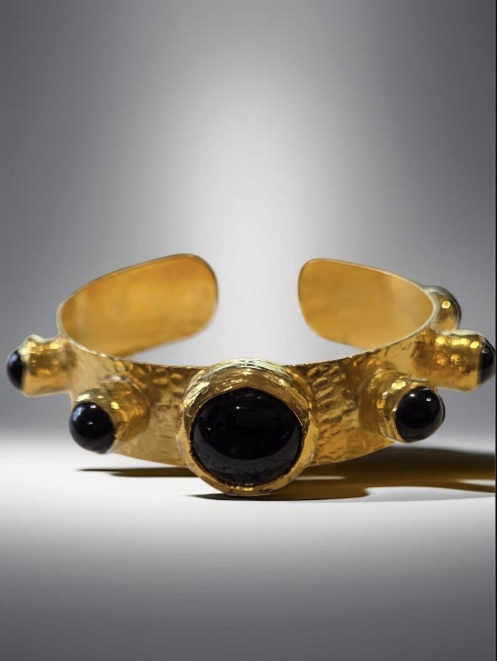 22k Gold Plated Chunky Artisan Genuine Onyx Stone Byzantine Cuff Bracelet